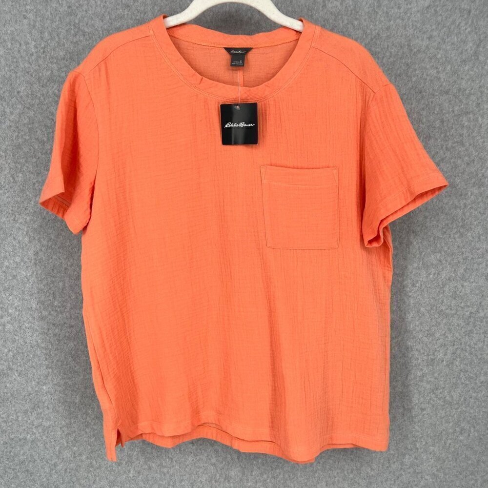 Eddie Bauer Womens Short Sleeve Pocket Tee Shirt Size S Dusty Coral Gauzy NEW